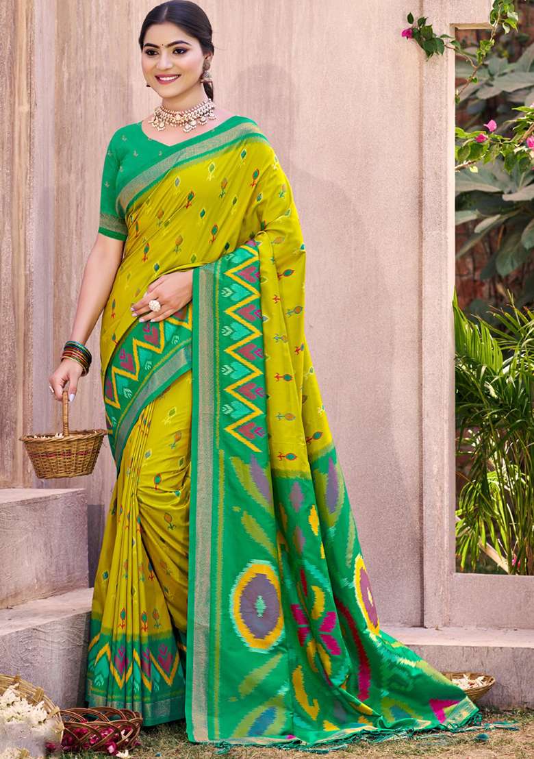 Olive Floral Print Pochampally Saree Set - Indya