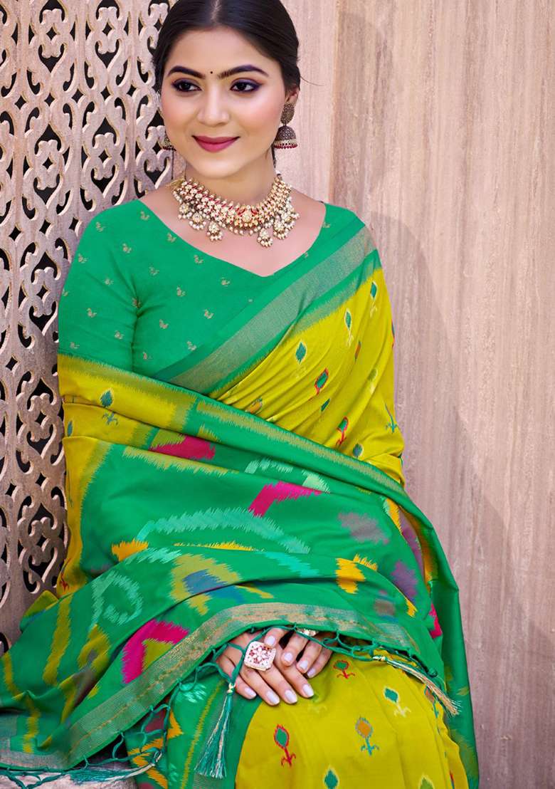 Olive Floral Print Pochampally Saree Set - Indya