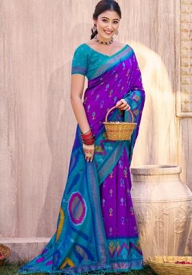 Violet Floral Print Pochampally Saree Set