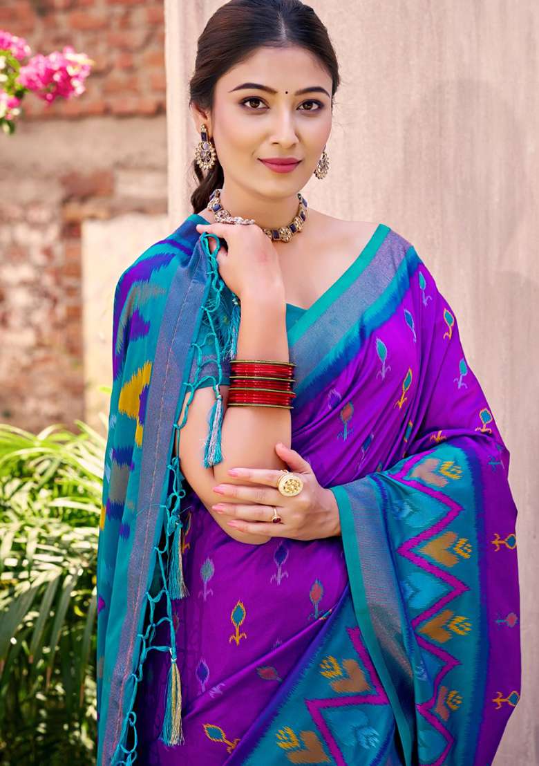 Violet Floral Print Pochampally Saree Set - Indya