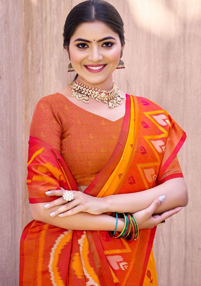 Yellow Floral Print Pochampally Saree Set - Indya