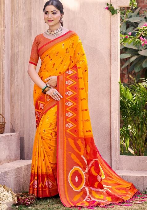 Yellow Floral Print Pochampally Saree Set