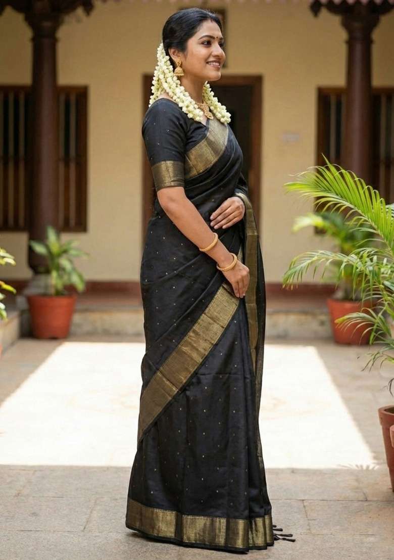 Black Zari Work Silk Blend Saree Set - Indya