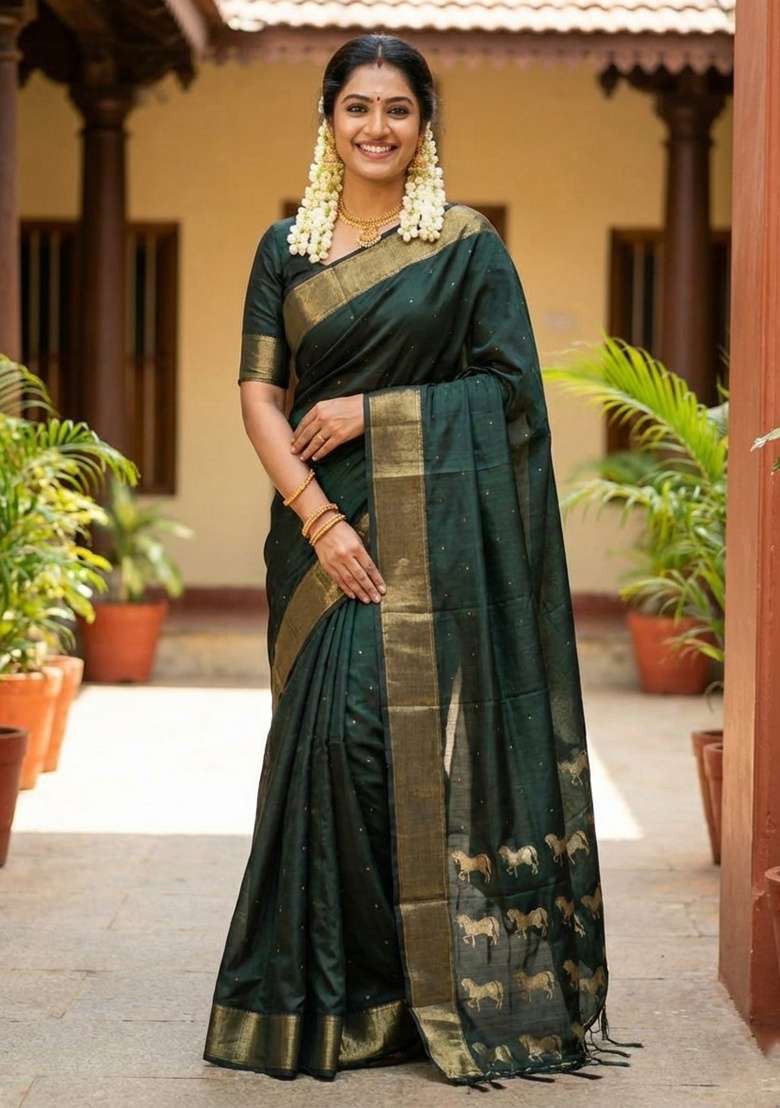Dark Green Zari Work Silk Blend Saree Set - Indya