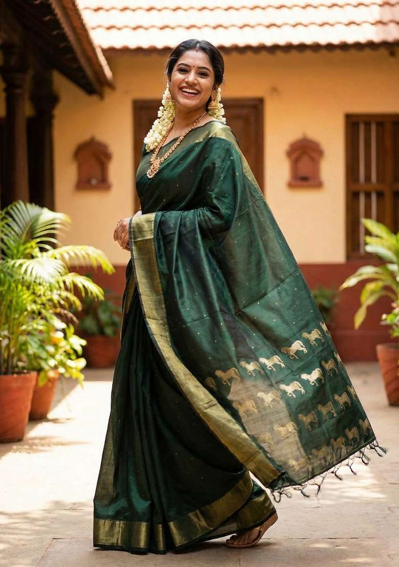Dark Green Zari Work Silk Blend Saree Set - Indya