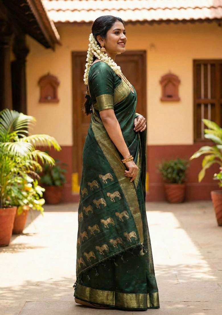 Dark Green Zari Work Silk Blend Saree Set - Indya