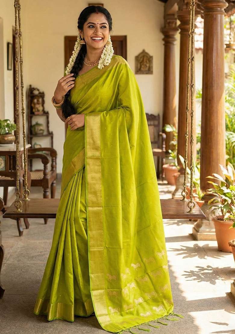 Olive Zari Work Silk Blend Saree Set - Indya