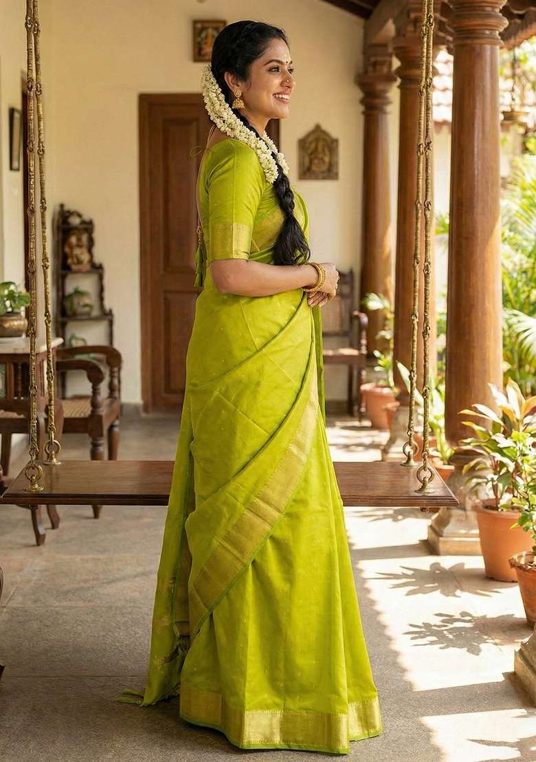 Olive Zari Work Silk Blend Saree Set - Indya