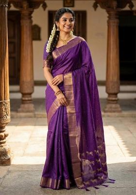 Purple Zari Work Silk Saree Set
