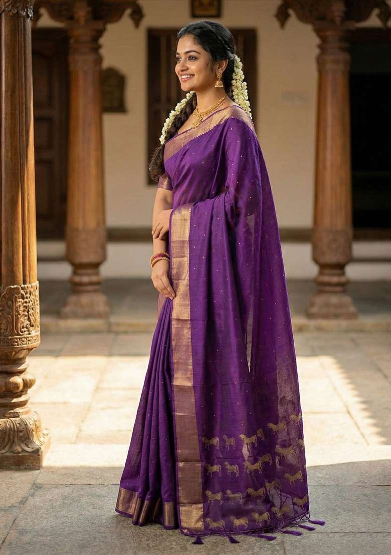 Purple Zari Work Silk Blend Saree Set - Indya