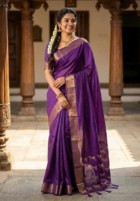 Purple Zari Work Silk Saree Set