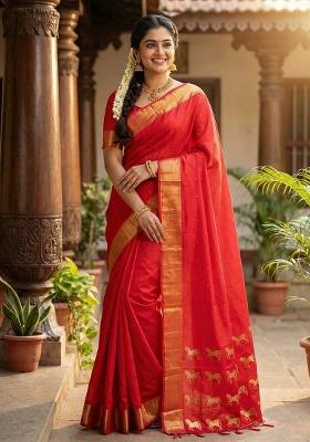 Red Zari Work Silk Saree Set