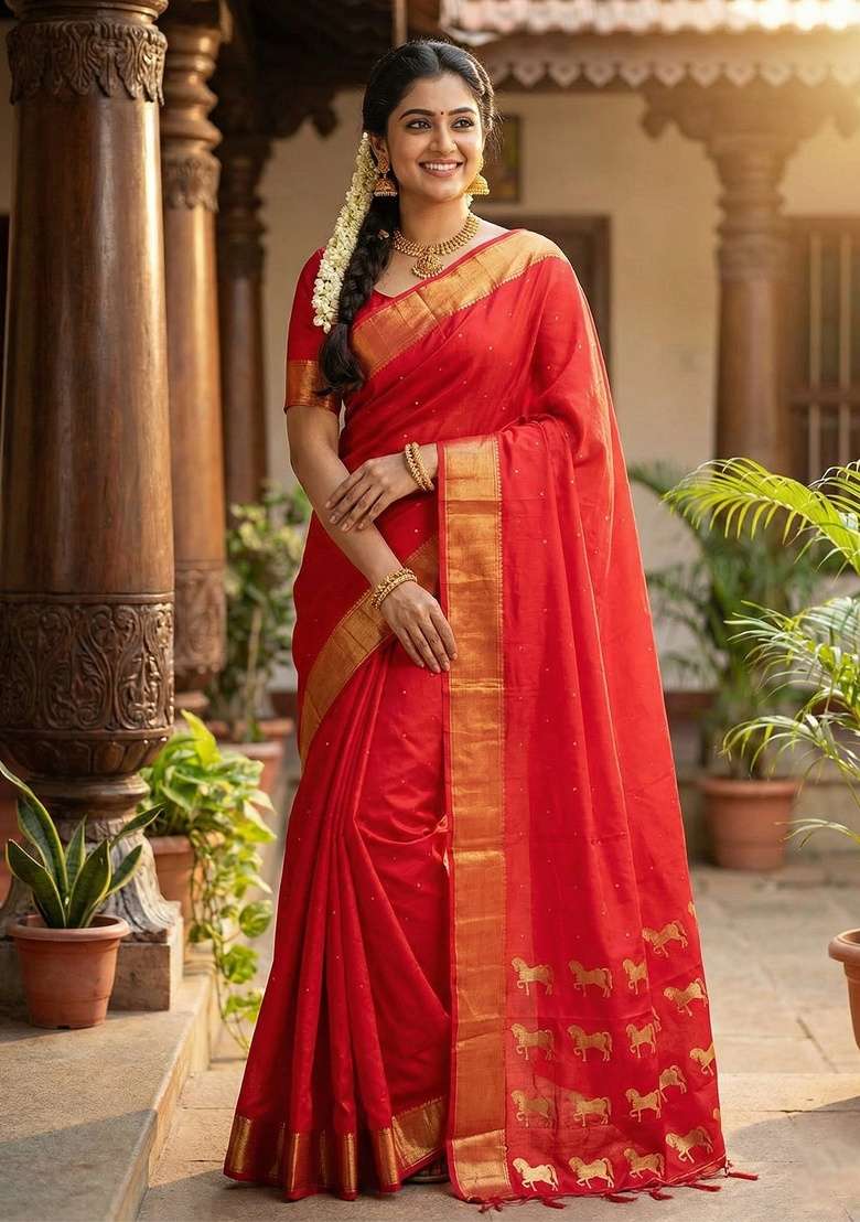 Red Zari Work Silk Blend Saree Set - Indya