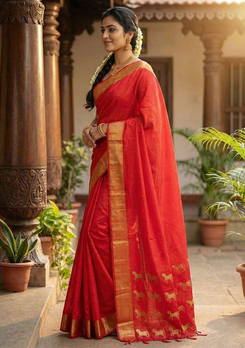 Red Zari Work Silk Blend Saree Set - Indya