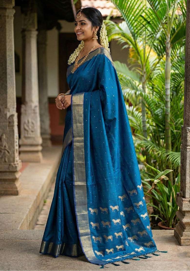 Teal Zari Work Silk Blend Saree Set - Indya