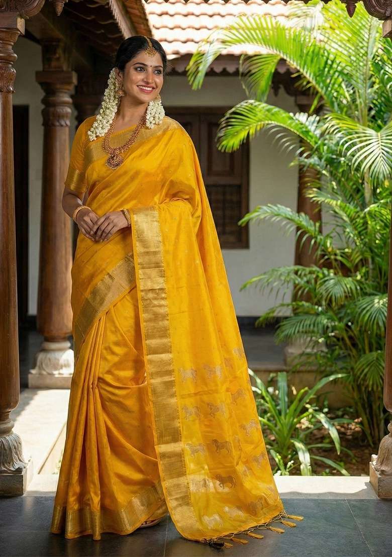 Yellow Zari Work Silk Blend Saree Set - Indya