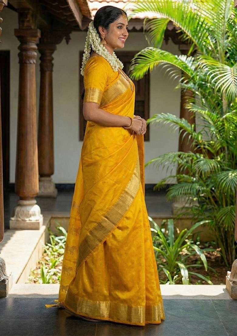 Yellow Zari Work Silk Blend Saree Set - Indya