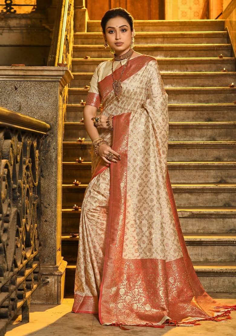 Off White Zari Work Silk Blend Saree Set - Indya
