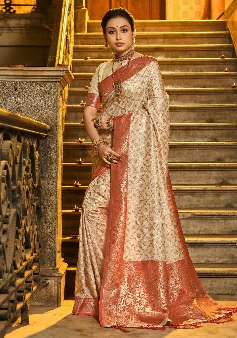 Off White Zari Work Silk Saree Set