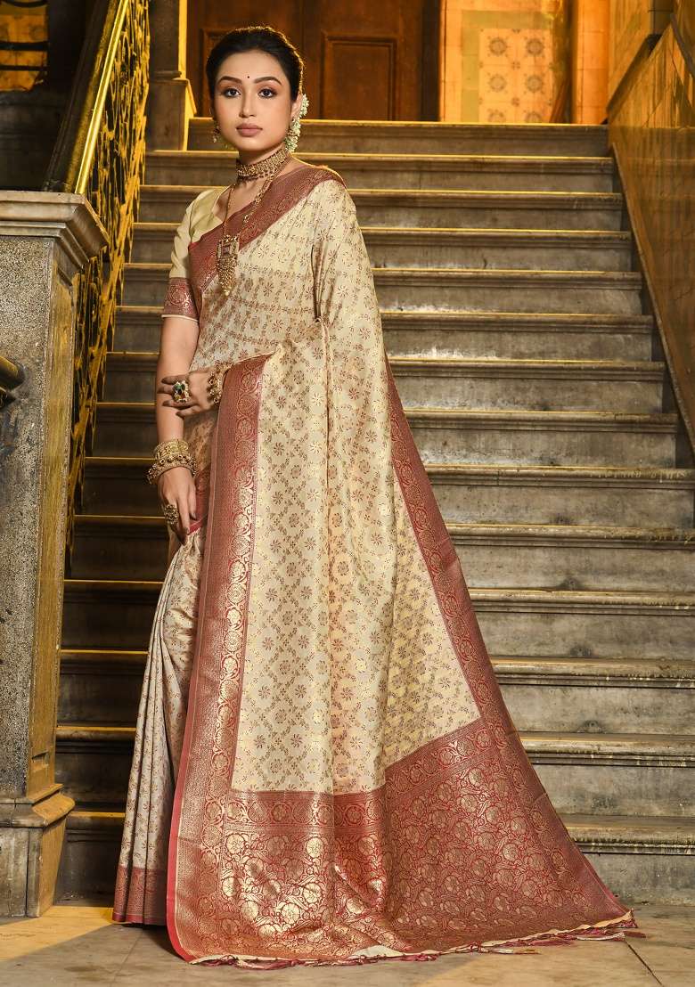 Off White Zari Work Silk Blend Saree Set - Indya
