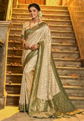 Off White Zari Work Silk Saree Set