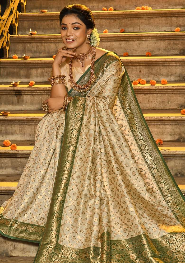 Off White Zari Work Silk Blend Saree Set - Indya