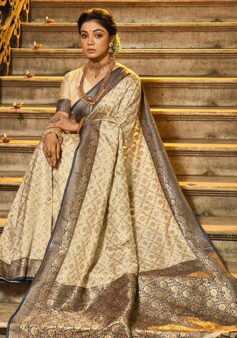 Off White Zari Work Silk Blend Saree Set - Indya