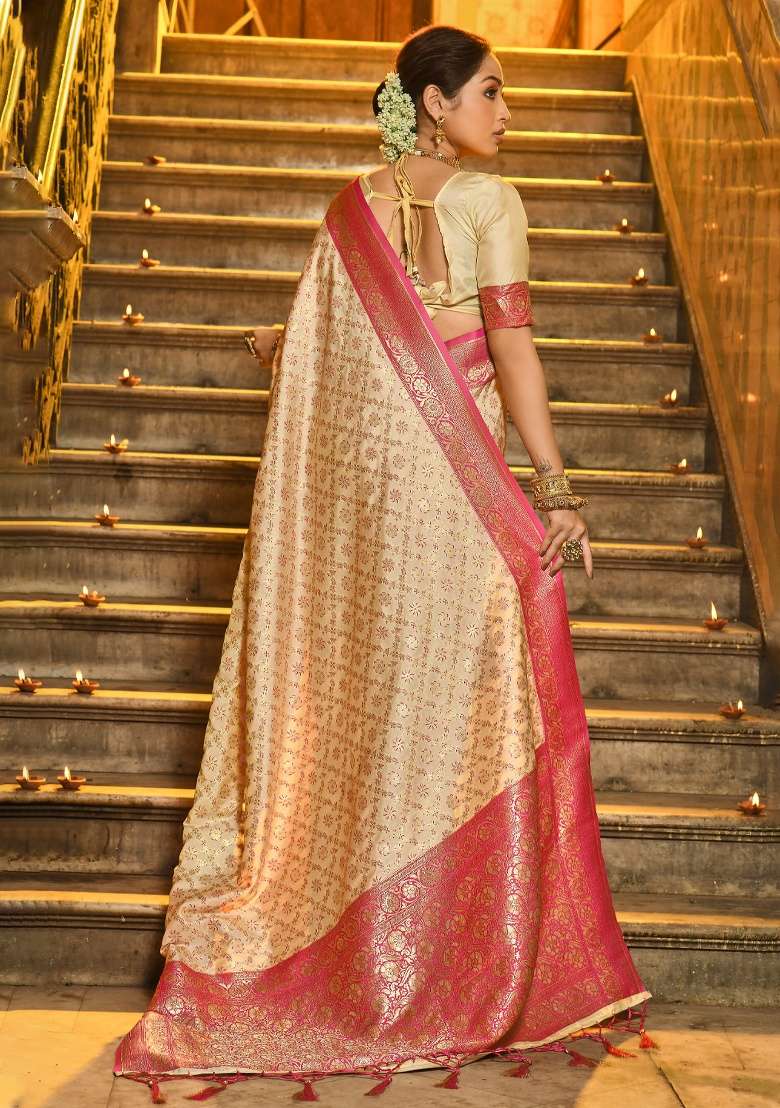 Off White Zari Work Silk Blend Saree Set - Indya