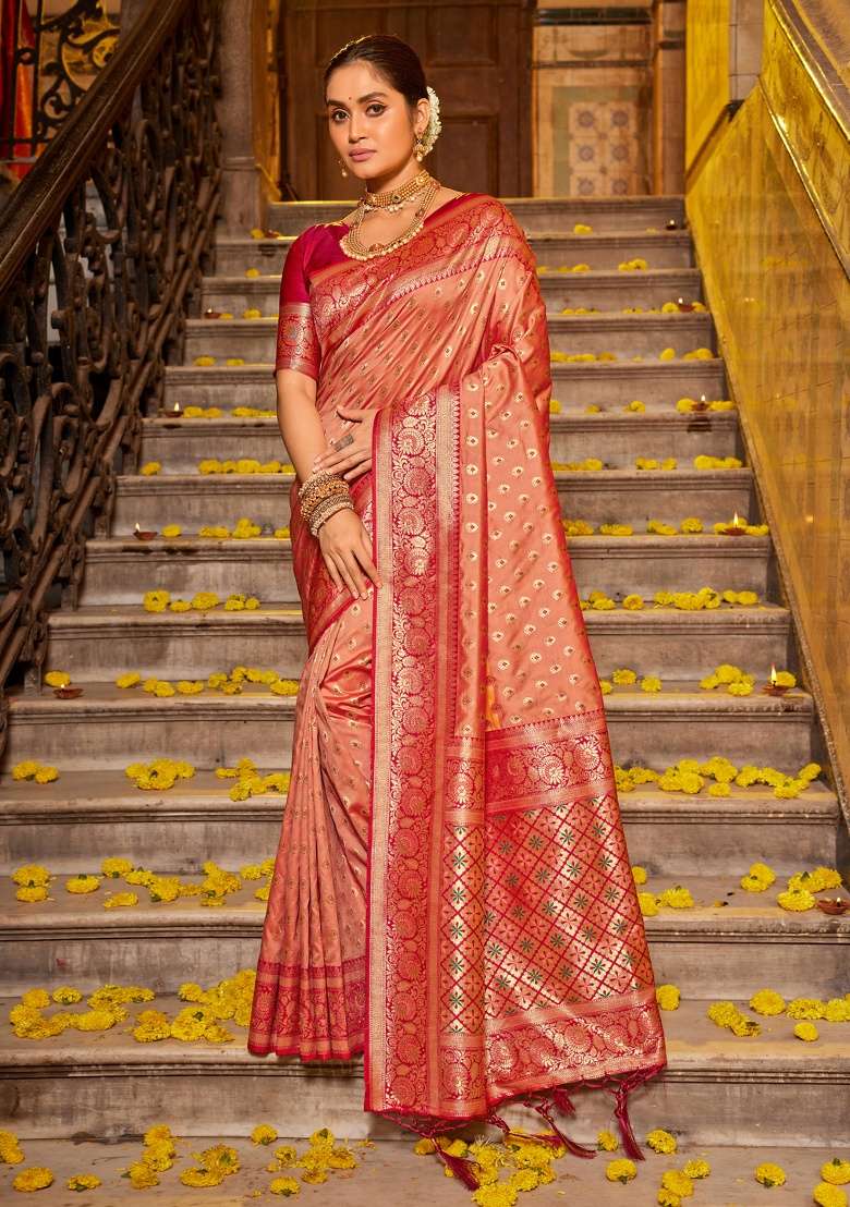 Orange Zari Work Silk Blend Saree Set - Indya