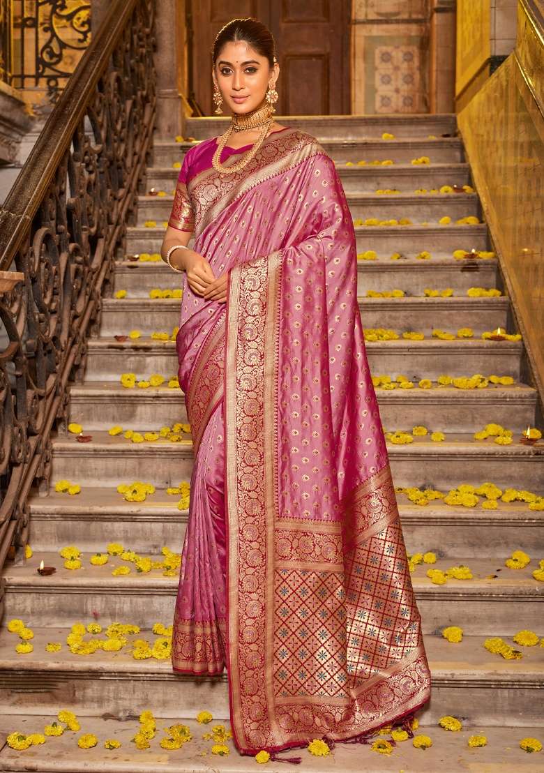 Pink Zari Work Silk Blend Saree Set - Indya