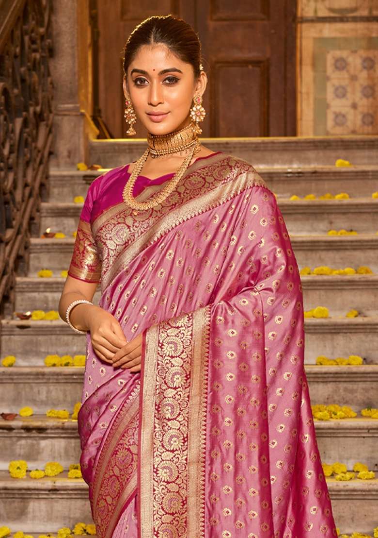 Pink Zari Work Silk Blend Saree Set - Indya