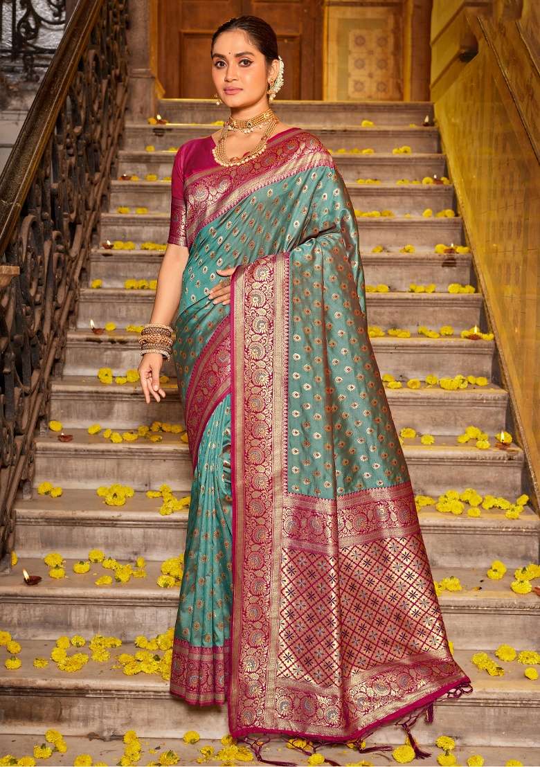 Sea Green Zari Work Silk Blend Saree Set - Indya