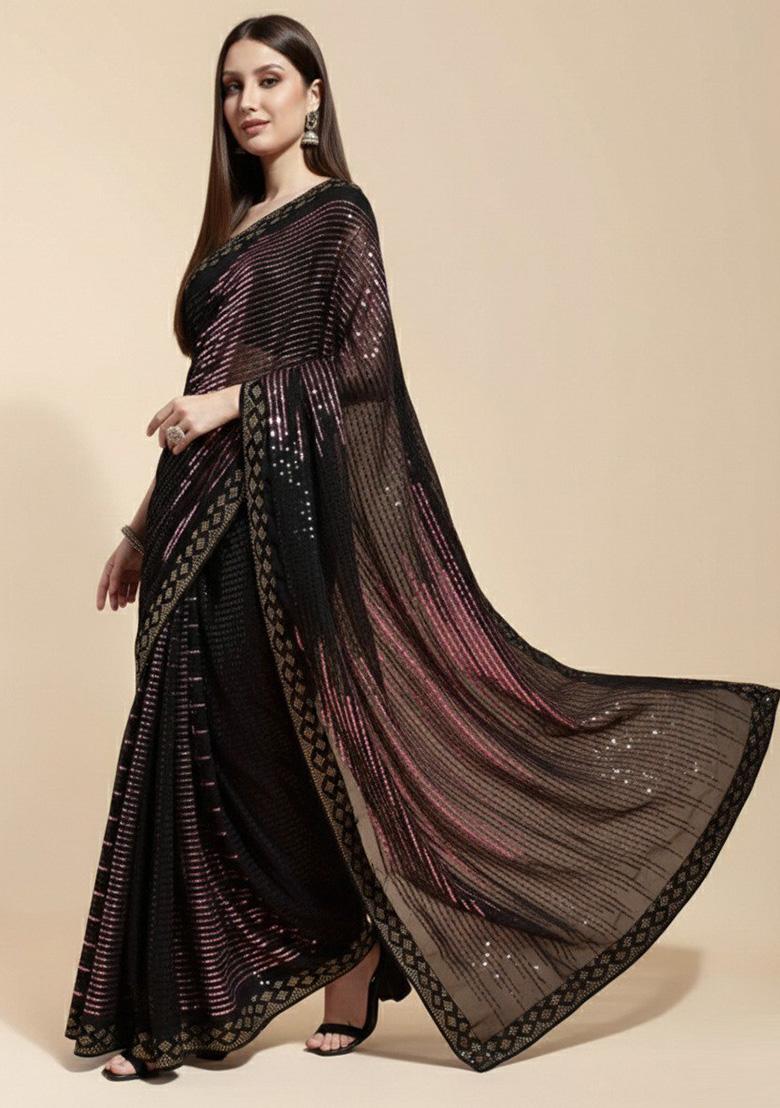 Black Sequin Georgette Saree - Indya
