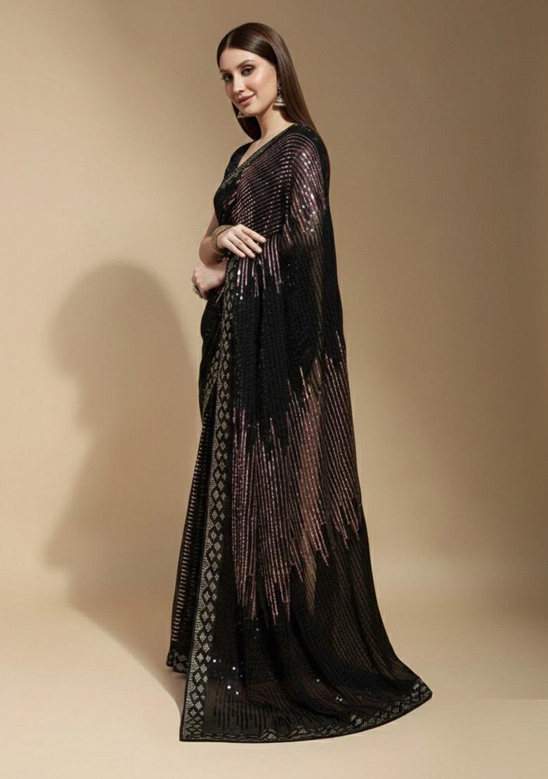 Black Sequin Georgette Saree - Indya