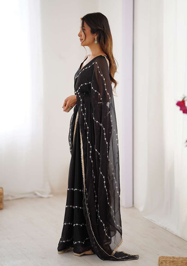 Black Sequin Georgette Saree Set for Diwali and Festive Wear - Indya