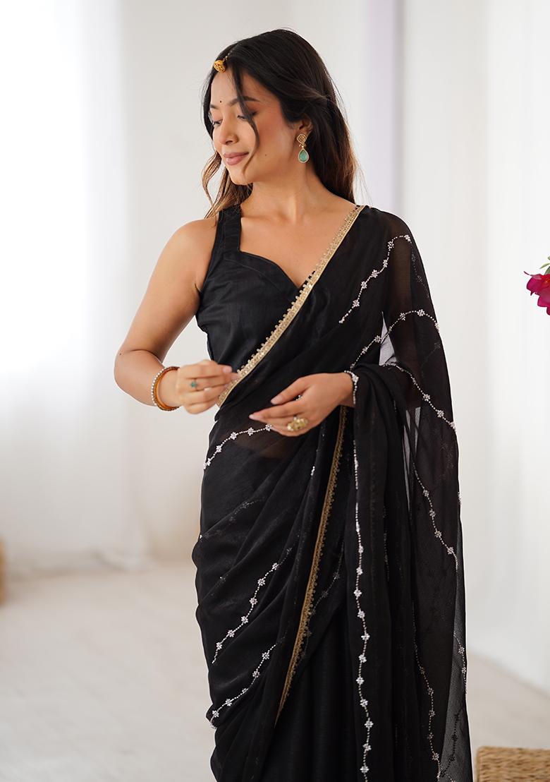 Black Sequin Georgette Saree Set - Indya