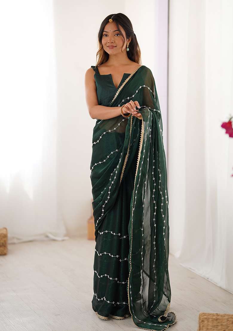 Green Georgette Saree Set with Sequin for Diwali | Wedding & Festive Wear - Indya