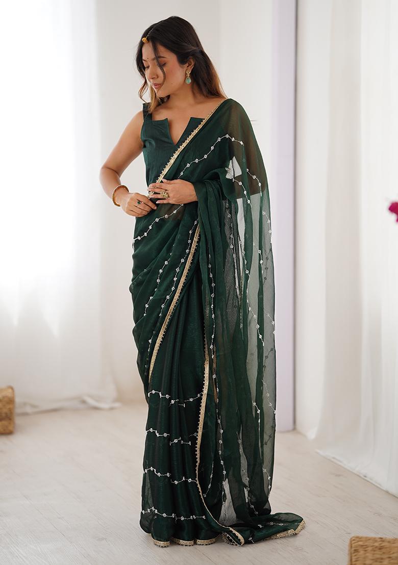 Green Sequin Georgette Saree Set - Indya