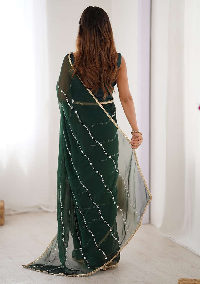 Green Georgette Saree Set with Sequin for Diwali | Wedding & Festive Wear - Indya