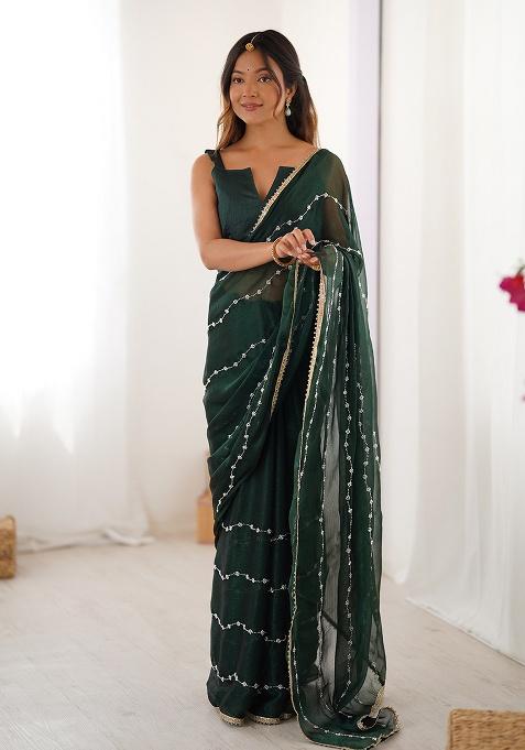 Green Sequin Georgette Saree Set