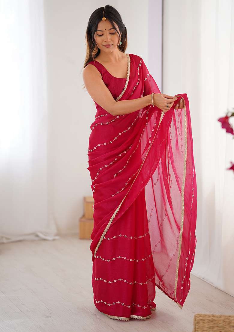 Pink Georgette Saree Set with Sequin for Diwali | Wedding & Festive Wear - Indya