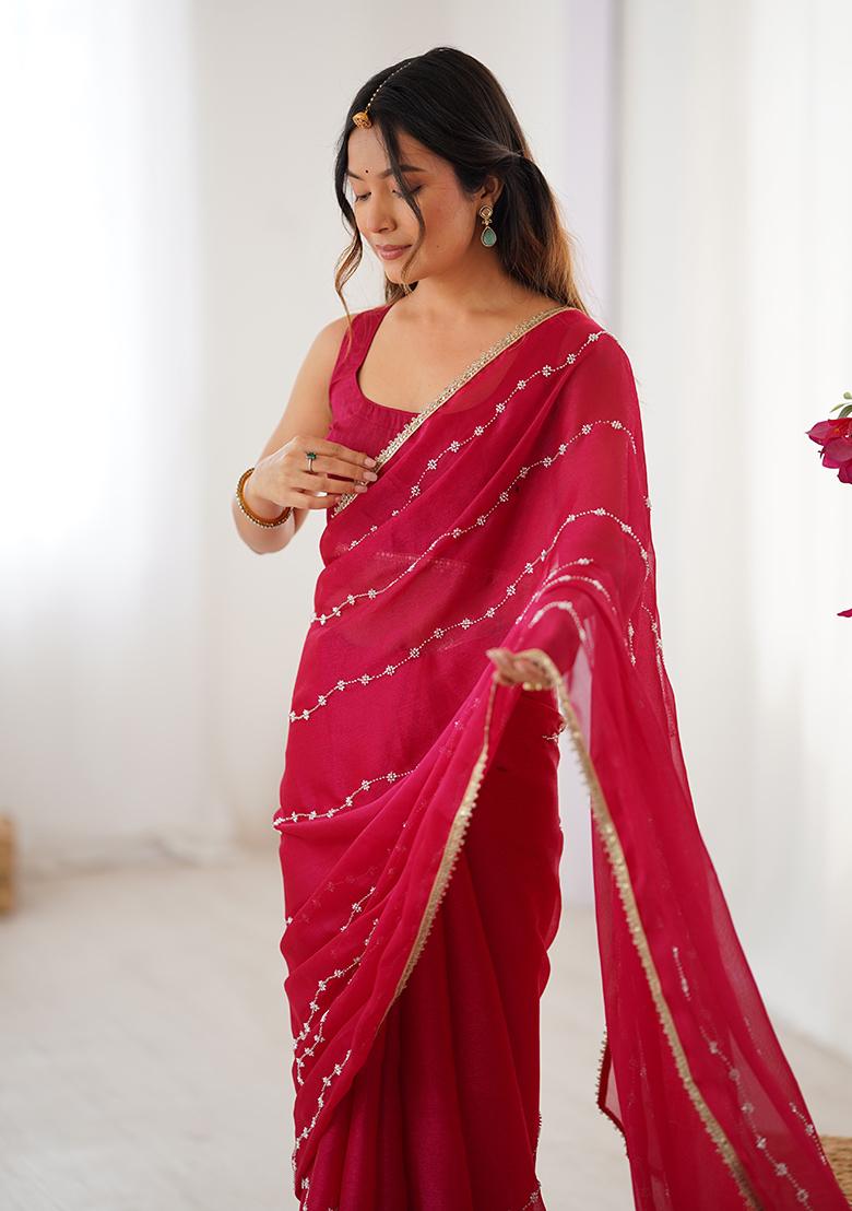 Pink Sequin Georgette Saree Set - Indya