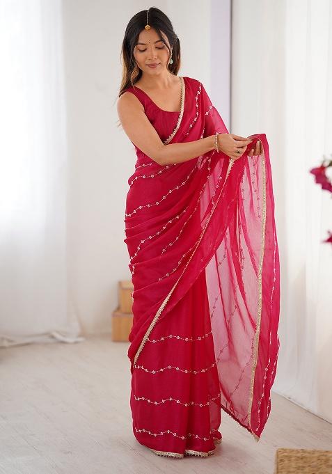 Pink Sequin Georgette Saree Set