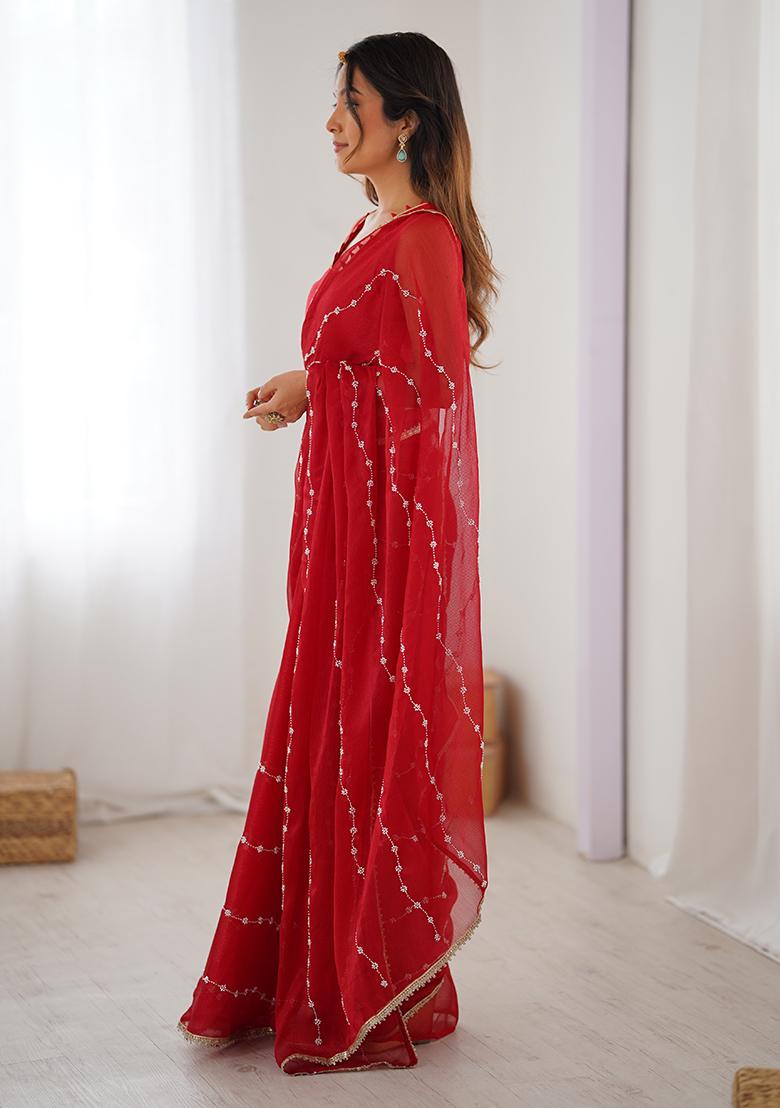 Red Sequin Georgette Saree Set - Indya