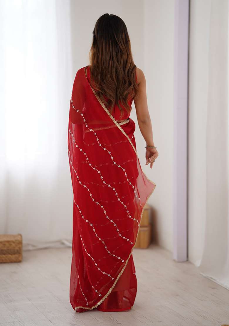 Red Georgette Saree Set with Sequin for Diwali | Wedding & Festive Wear - Indya