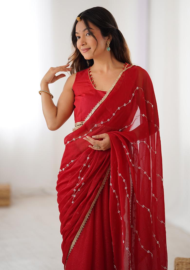 Red Sequin Georgette Saree Set - Indya