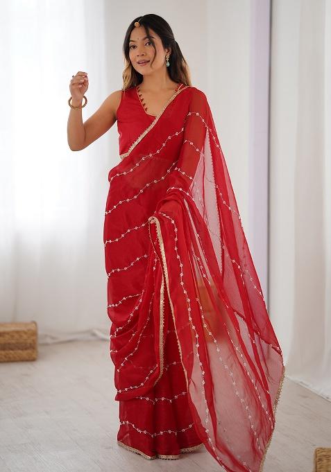 Red Sequin Georgette Saree Set