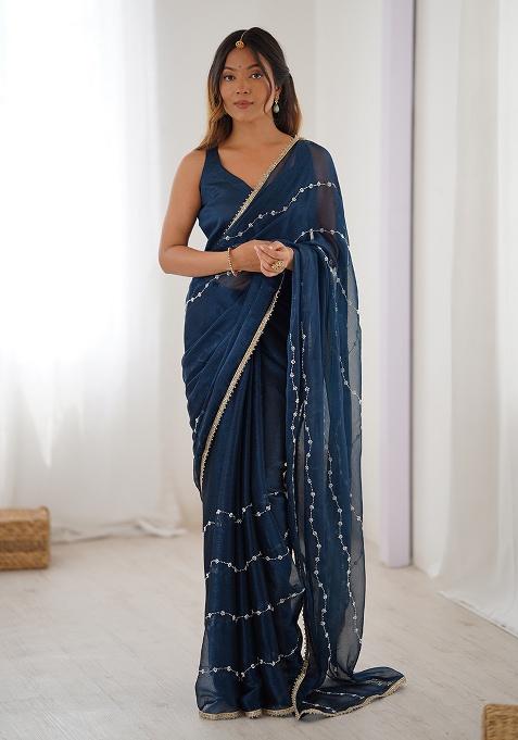 Teal Blue Sequin Georgette Saree Set