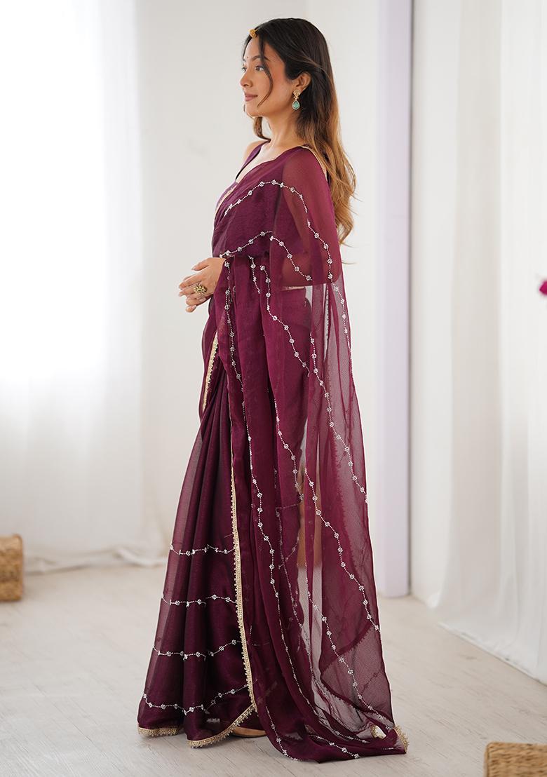 Wine Sequin Georgette Saree Set - Indya