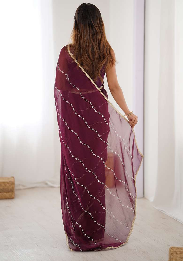 Wine Sequin Georgette Saree Set for Diwali and Festive Wear - Indya